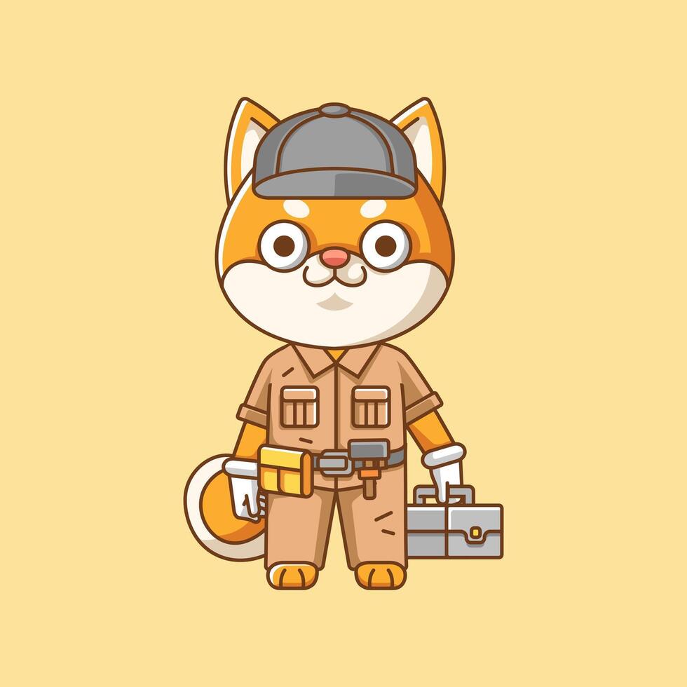 schattig shiba inu hond monteur met gereedschap Bij werkplaats tekenfilm dier karakter mascotte icoon vlak stijl illustratie concept reeks vector