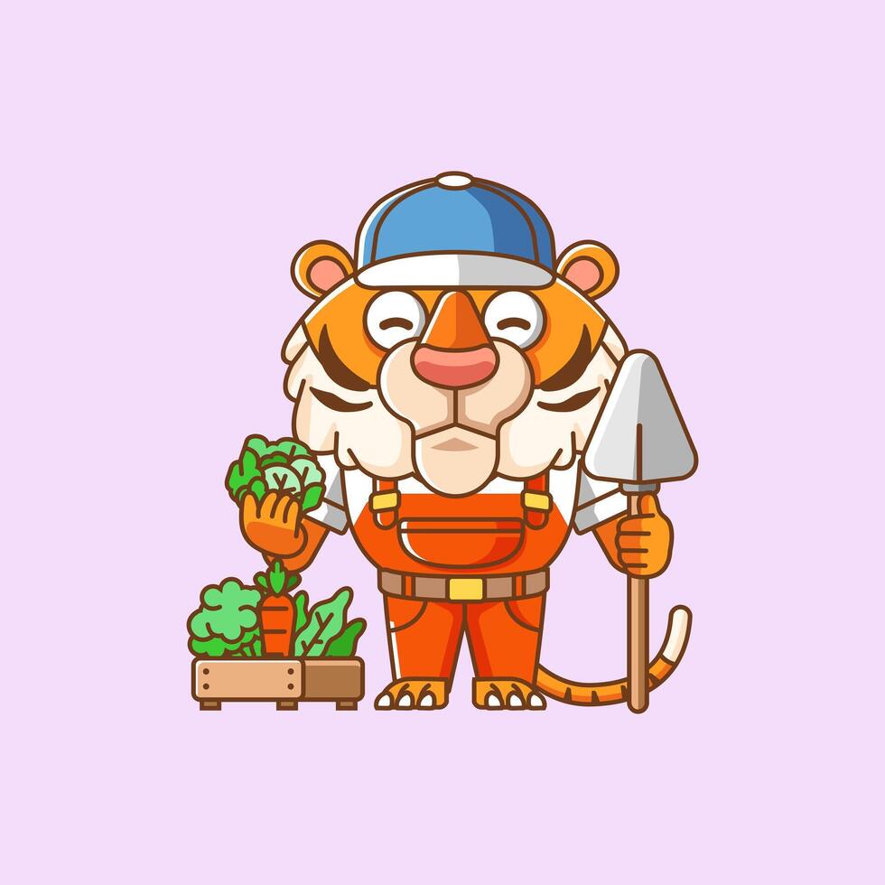 schattig tijger boeren oogst fruit en groenten tekenfilm dier karakter mascotte icoon vlak stijl illustratie concept vector