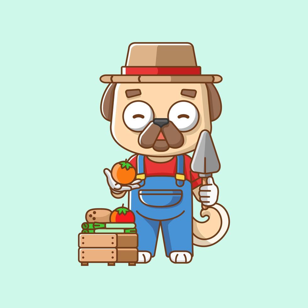 schattig hond boeren oogst fruit en groenten tekenfilm dier karakter mascotte icoon vlak stijl illustratie concept vector