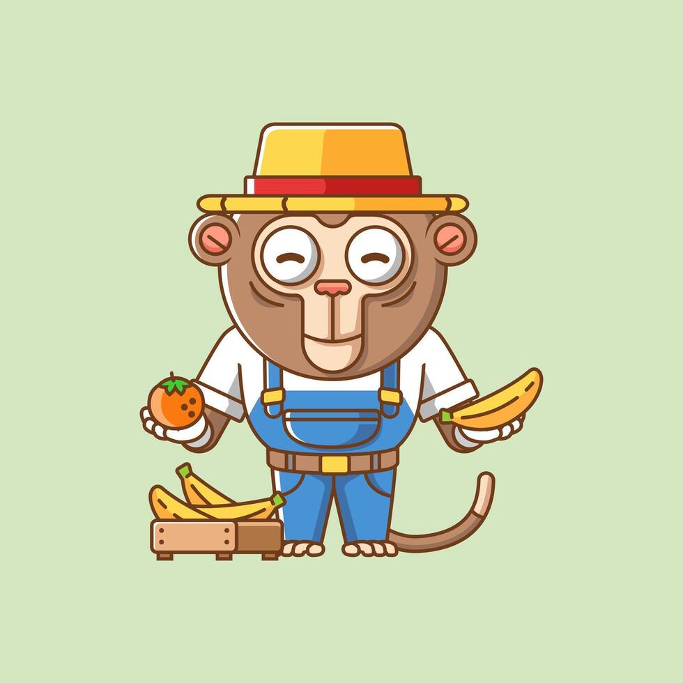 schattig aap boeren oogst fruit en groenten tekenfilm dier karakter mascotte icoon vlak stijl illustratie concept vector