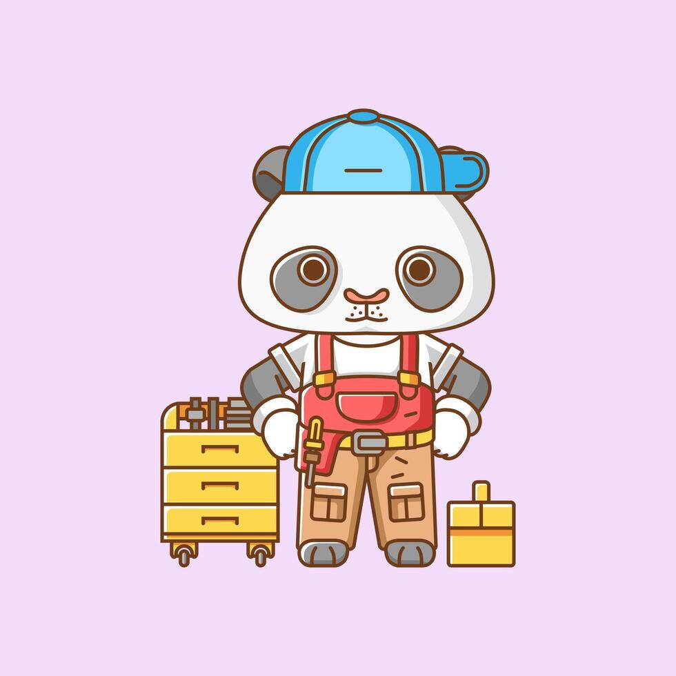 schattig panda monteur met gereedschap Bij werkplaats tekenfilm dier karakter mascotte icoon vlak stijl illustratie concept vector