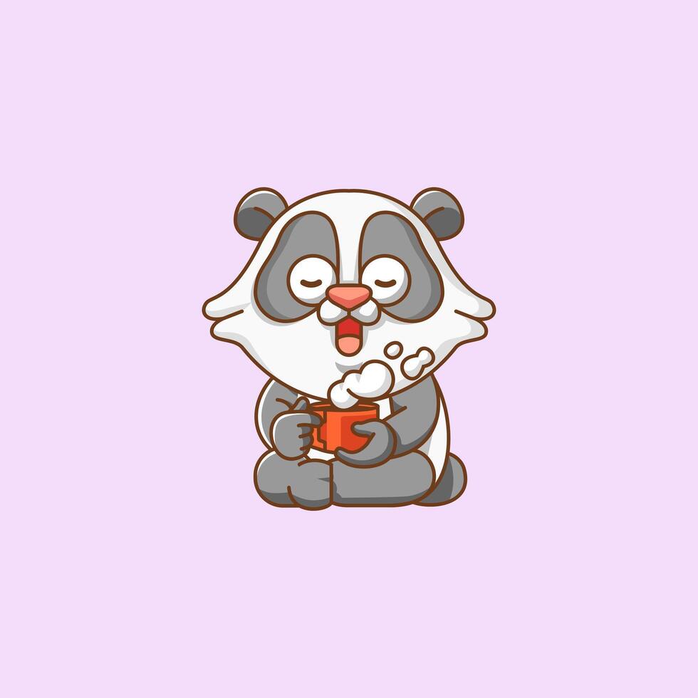 schattig panda kom tot rust met een kop van koffie tekenfilm dier karakter mascotte icoon vlak stijl illustratie concept vector