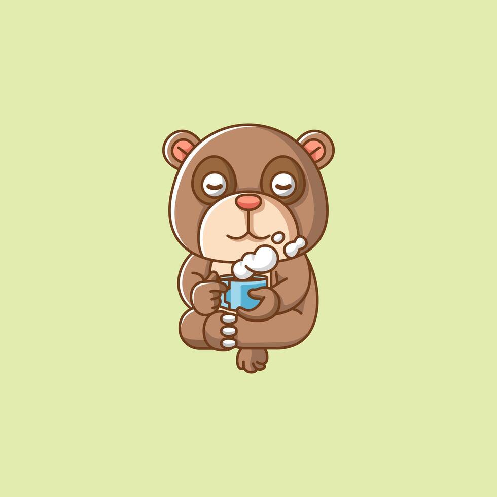 schattig beer kom tot rust met een kop van koffie tekenfilm dier karakter mascotte icoon vlak stijl illustratie concept vector
