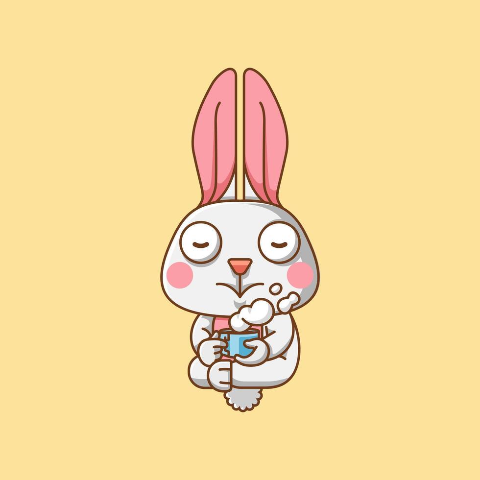 schattig konijn kom tot rust met een kop van koffie tekenfilm dier karakter mascotte icoon vlak stijl illustratie concept vector