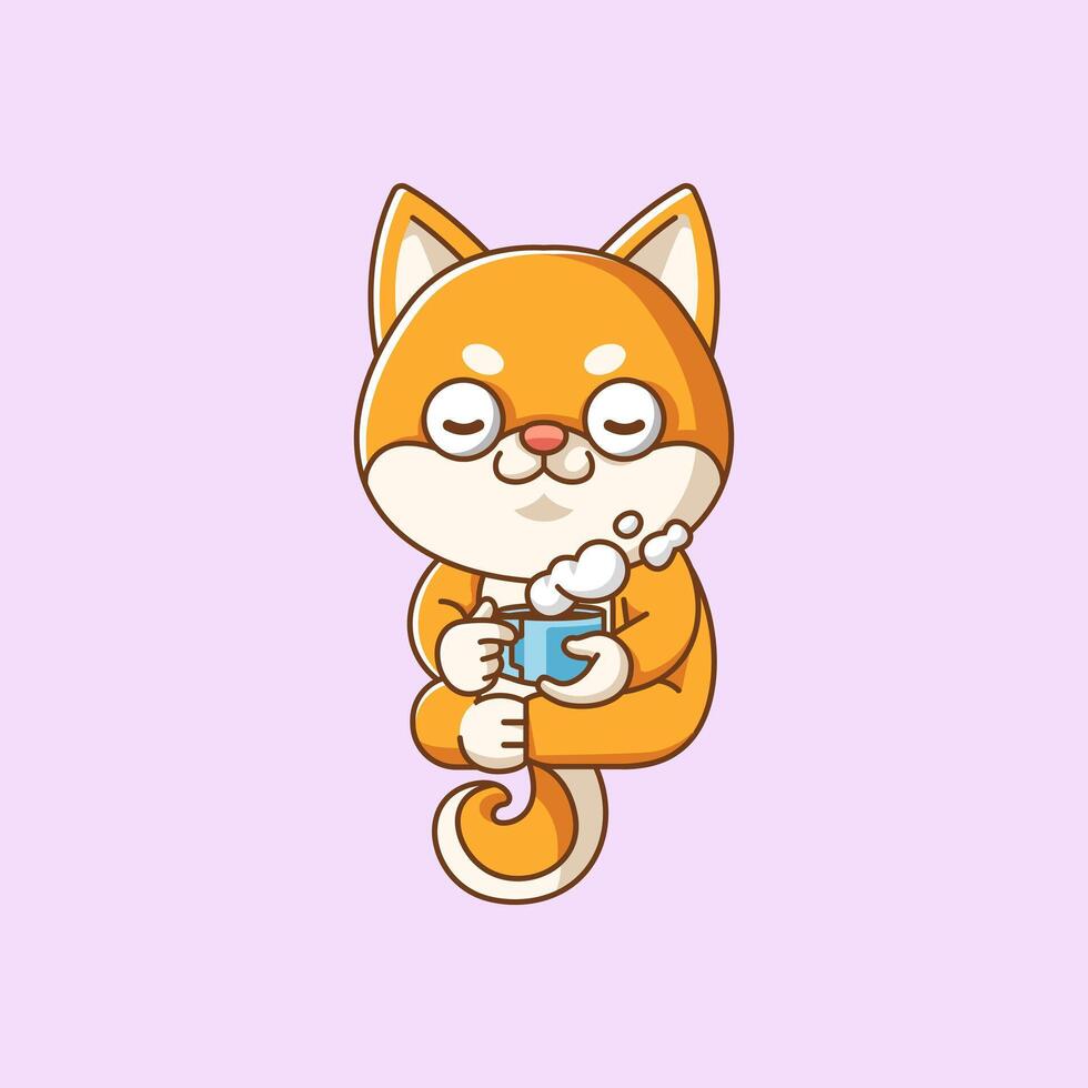 schattig shiba inu hond kom tot rust met een kop van koffie tekenfilm dier karakter mascotte icoon vlak stijl illustratie concept vector