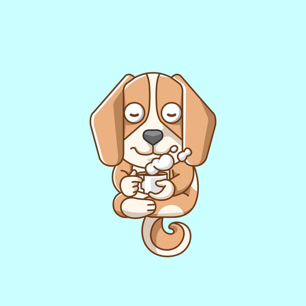 schattig hond kom tot rust met een kop van koffie tekenfilm dier karakter mascotte icoon vlak stijl illustratie concept vector