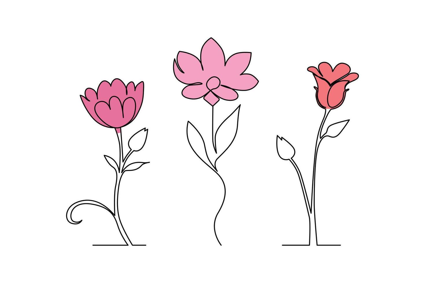 doorlopend enkele lijn bloemen set, bloemen, botanisch, roos, en minimalistische bloemen tekening schets kunst vector