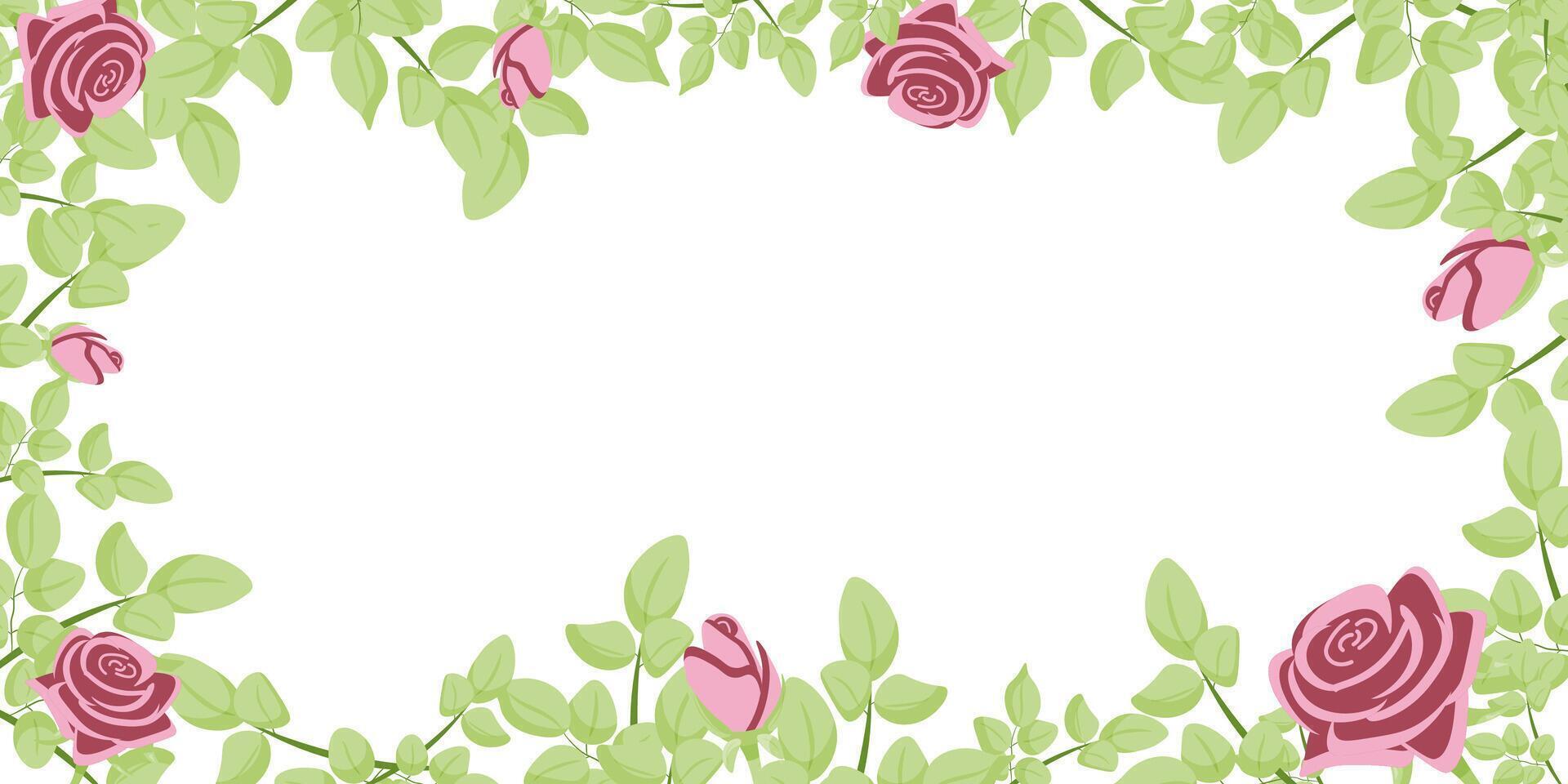 een leeg kader met roze rozen en bladeren. vector illustratie. bloem samenstelling