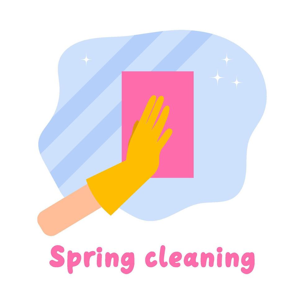 voorjaar schoonmaak belettering. hand- in handschoen reinigt venster. vlak vector illustratie. schoon huis en huishouding concept.