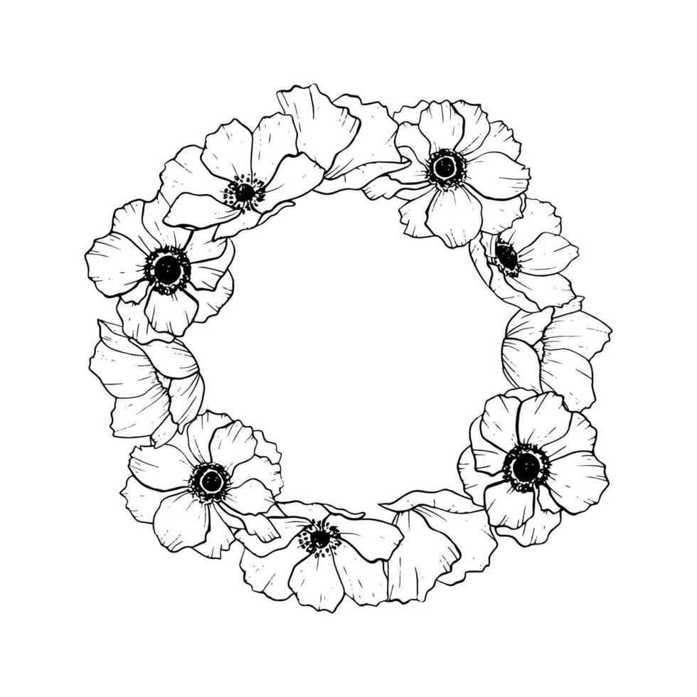 anemoon bloemen en bloemblaadjes ronde krans kader vector illustratie. bruiloft en voorjaar ontwerpen met bloemen botanisch tekening