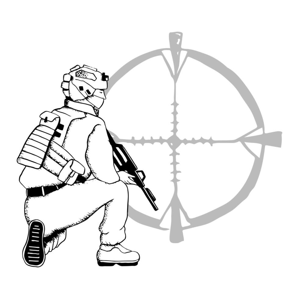 scherpschutter soldaat zittend in hinderlaag met geweer- en optisch zicht vector illustratie in zwart en wit. Israëlisch of Amerikaans leger Mens voor veteraan en herinnering dag ontwerp