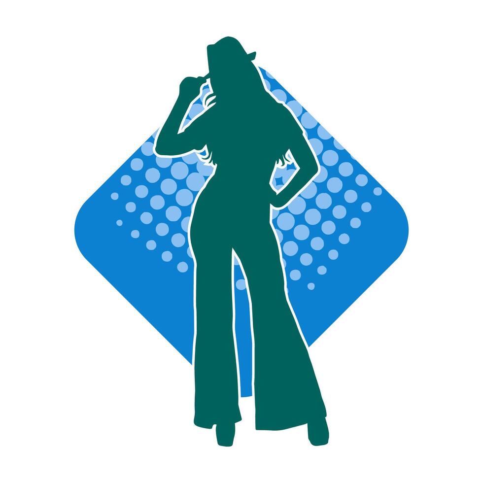 silhouet van een slank vrouw model- vervelend lang broek en fedora hoed in houding. vector