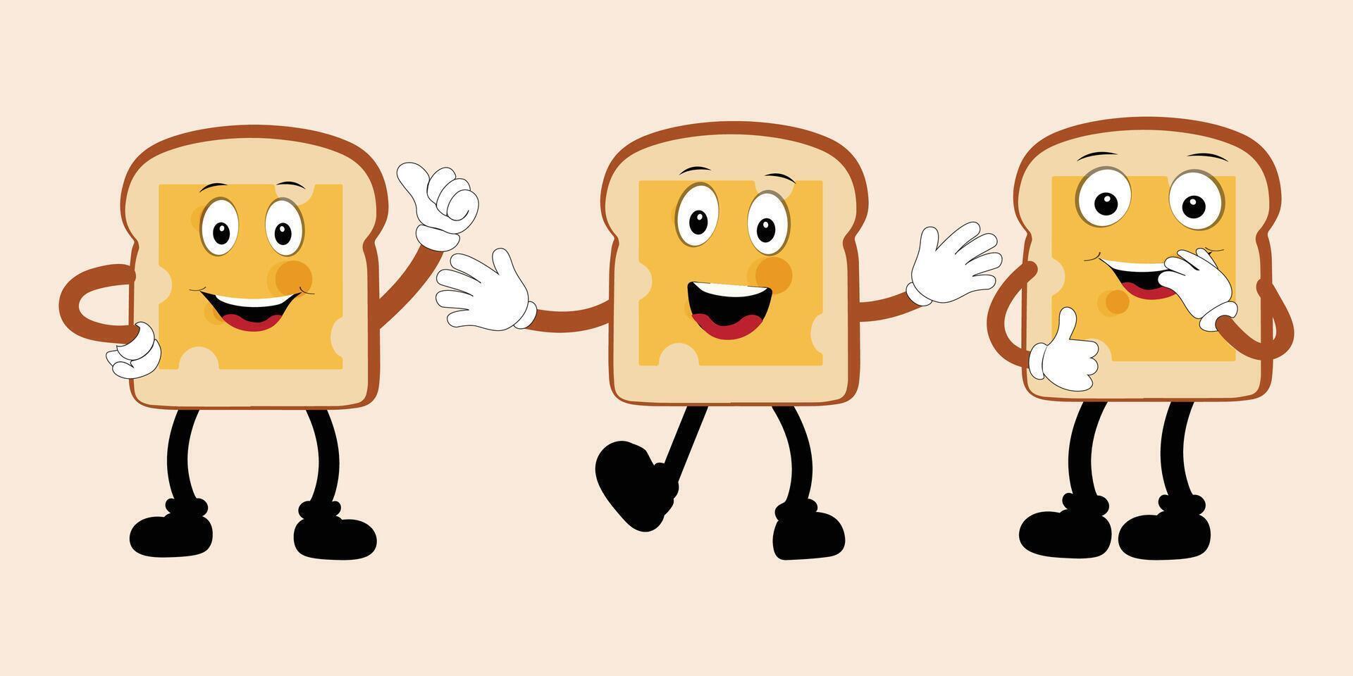 gelukkig brood plak tekenfilm mascotte karakter, grappig belegd broodje tekenfilm wijnoogst brood karakter retro stijl brood logo vector illustratie Jaren 60 jaren 70 brood retro stijl