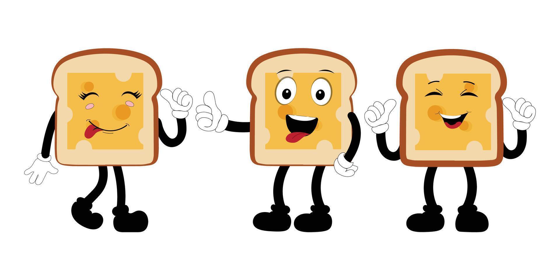 gelukkig brood plak tekenfilm mascotte karakter, grappig belegd broodje tekenfilm wijnoogst brood karakter retro stijl brood logo vector illustratie Jaren 60 jaren 70 brood retro stijl