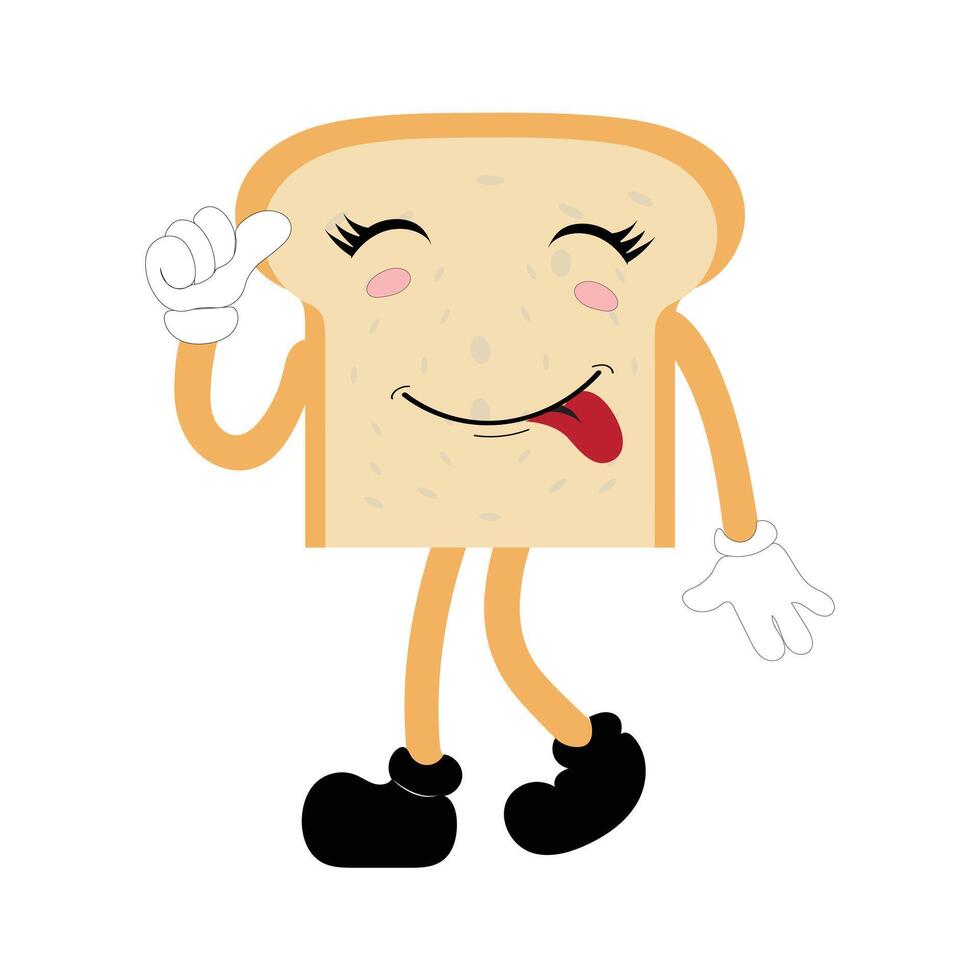 gelukkig brood plak tekenfilm mascotte karakter, grappig belegd broodje tekenfilm wijnoogst brood karakter retro stijl brood logo vector illustratie Jaren 60 jaren 70 brood retro stijl