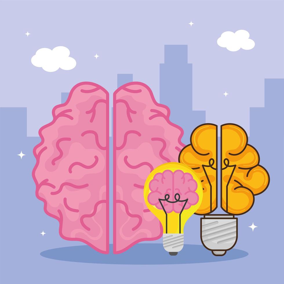 roze hersenen en gloeilampen vector
