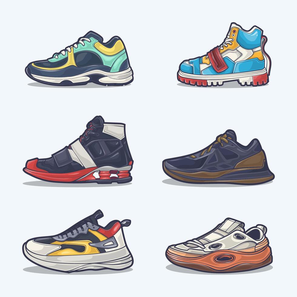 reeks verzameling van schoen tekenfilm icoon, vector concept vlak ontwerp. vector illustratie sportschoenen in vlak stijl. vector sneaker schoenen kant visie.