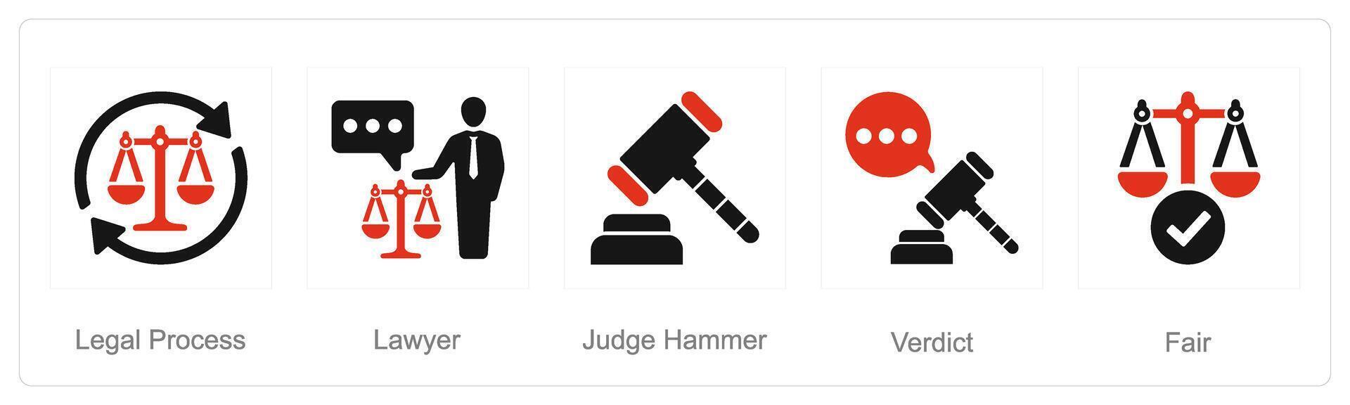 een reeks van 5 gerechtigheid pictogrammen net zo wettelijk werkwijze, advocaat, rechter hamer vector