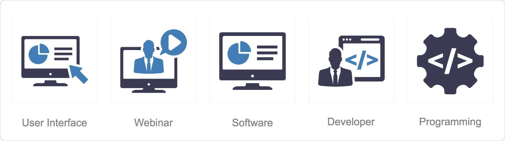 een reeks van 5 internet computer pictogrammen net zo gebruiker koppel, webinar, software vector