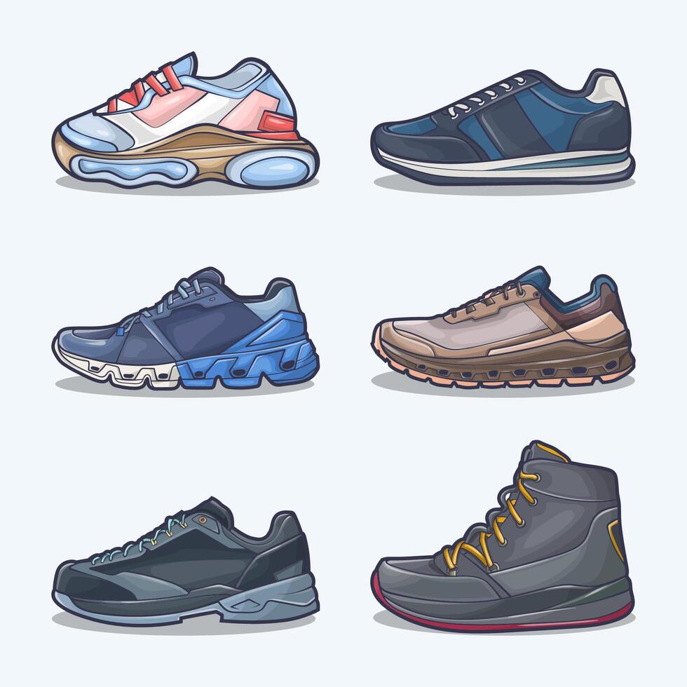 reeks verzameling van schoen tekenfilm icoon, vector concept vlak ontwerp. vector illustratie sportschoenen in vlak stijl. vector sneaker schoenen kant visie.