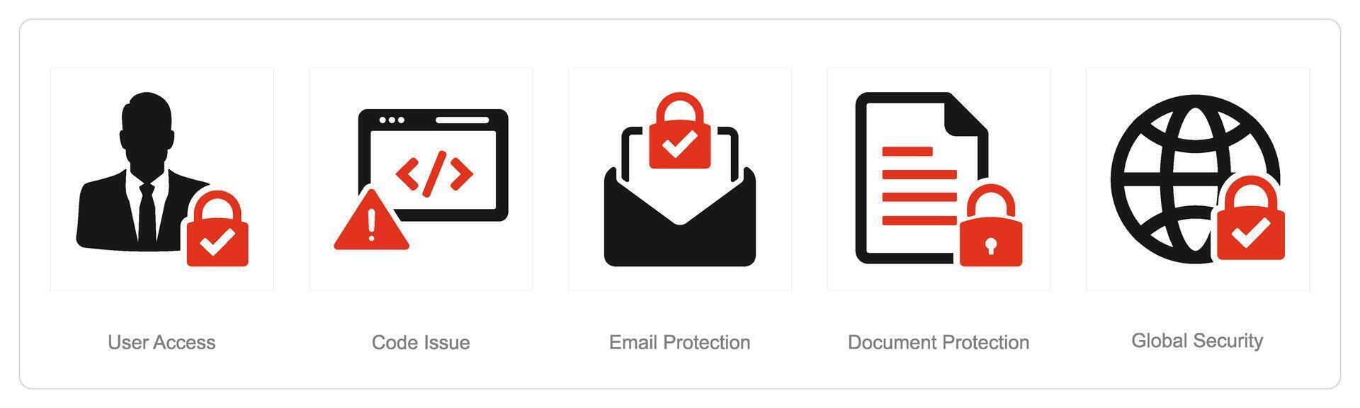 een reeks van 5 cyber veiligheid pictogrammen net zo gebruiker toegang, code kwestie, e-mail bescherming vector