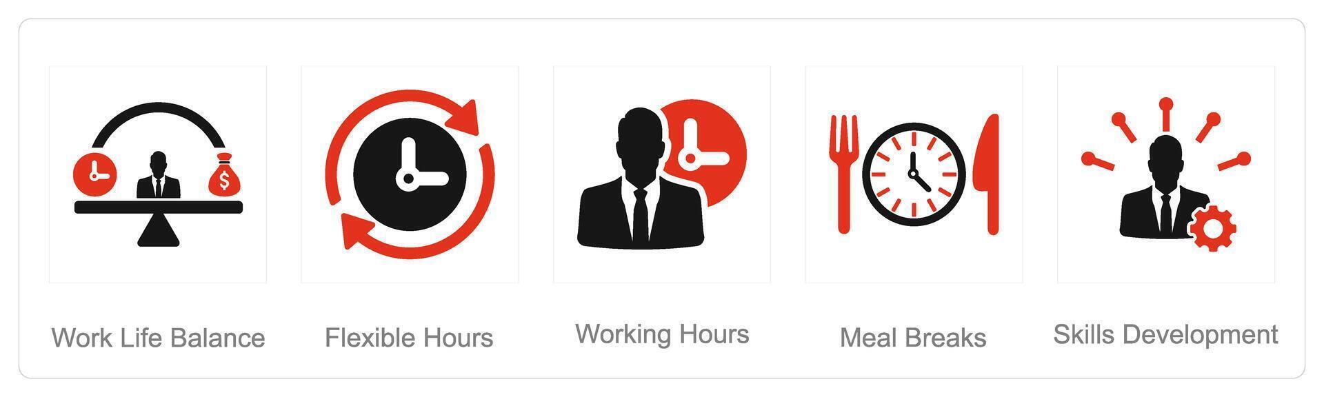 een reeks van 5 werknemer voordelen pictogrammen net zo werk leven evenwicht, flexibel uur, werken uren vector