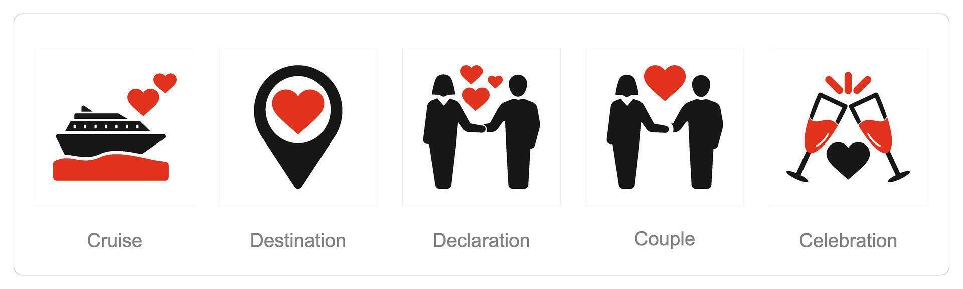 een reeks van 5 huwelijksreis pictogrammen net zo cruise, bestemming, verklaring vector