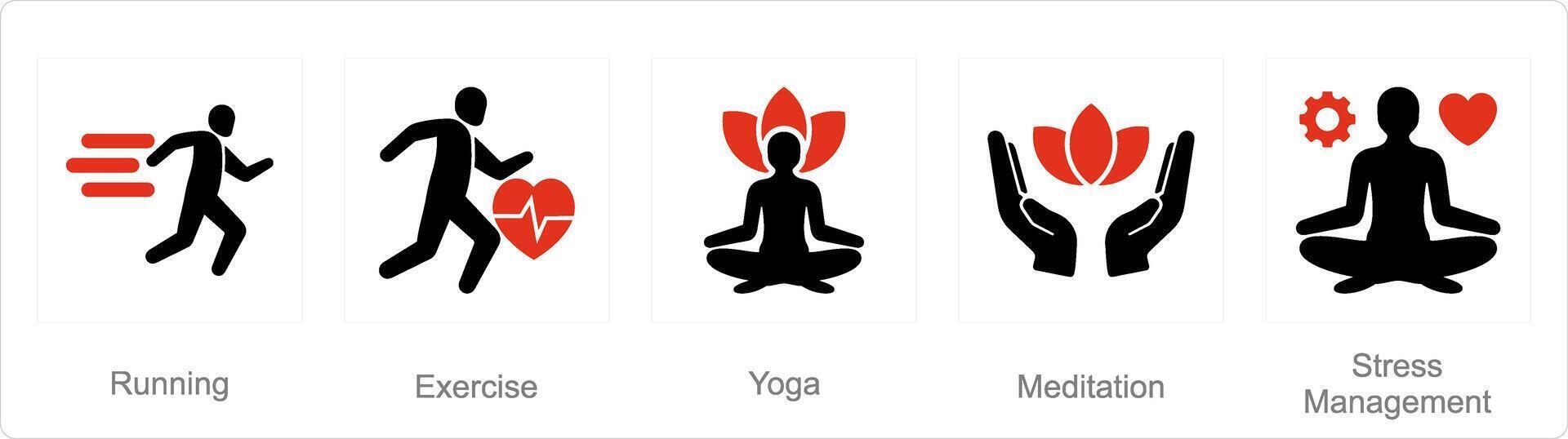 een reeks van 5 mengen pictogrammen net zo rennen, oefening, yoga vector