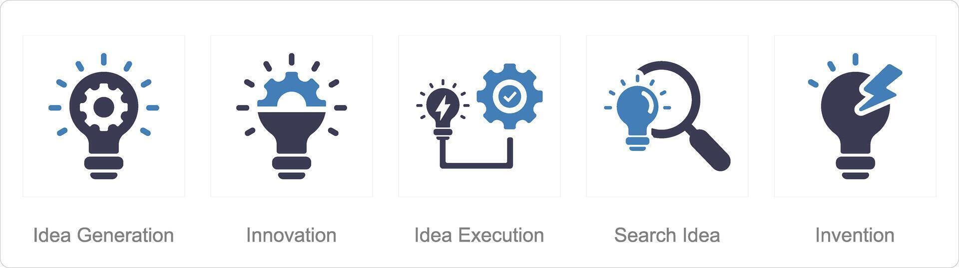 een reeks van 5 idee pictogrammen net zo idee generatie, innovatie, idee uitvoering vector