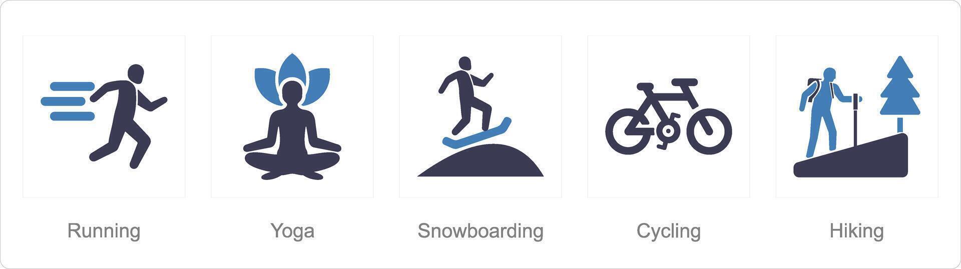 een reeks van 5 hobby pictogrammen net zo rennen, yoga, snowboarden vector