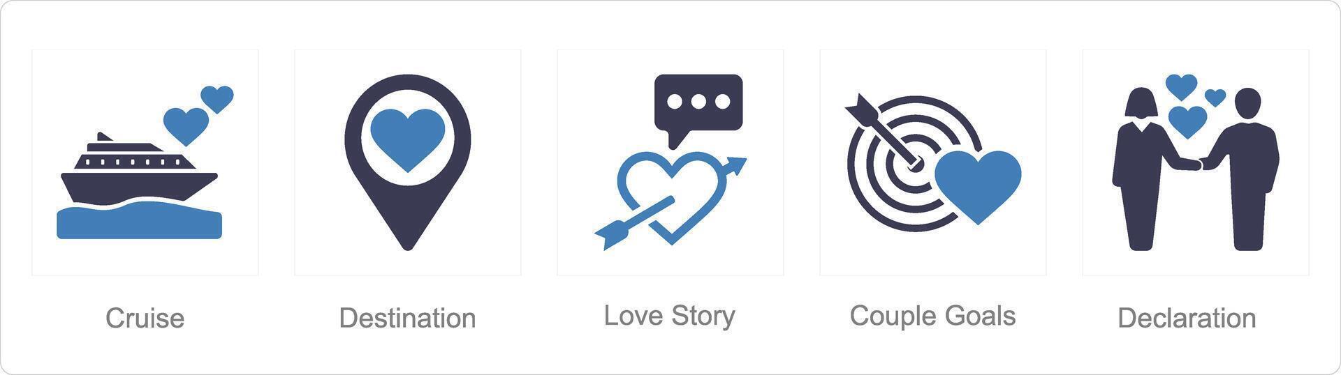 een reeks van 5 huwelijksreis pictogrammen net zo cruise, bestemming, liefde verhaal vector