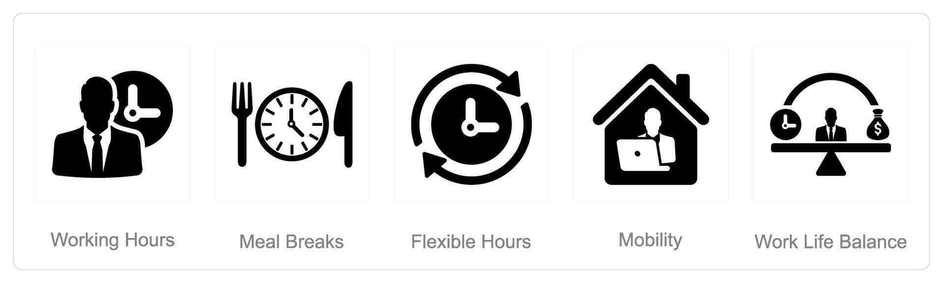 een reeks van 5 werknemer voordelen pictogrammen net zo werken uur, maaltijd pauzes, flexibel uren vector