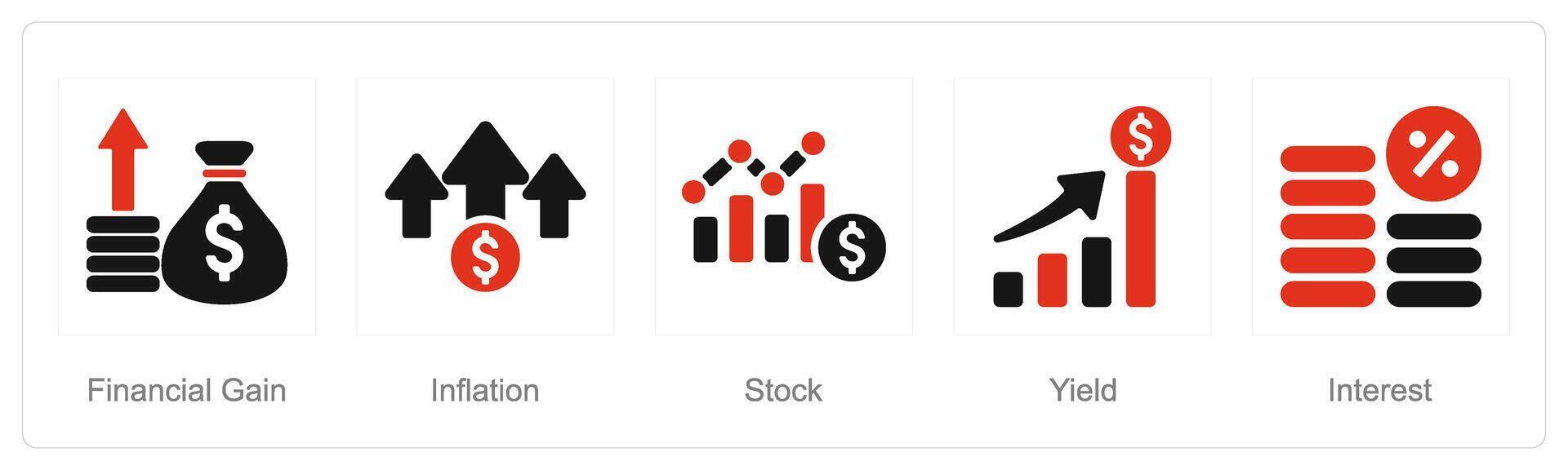 een reeks van 5 investering pictogrammen net zo financieel verdienen, inflatie, voorraad vector