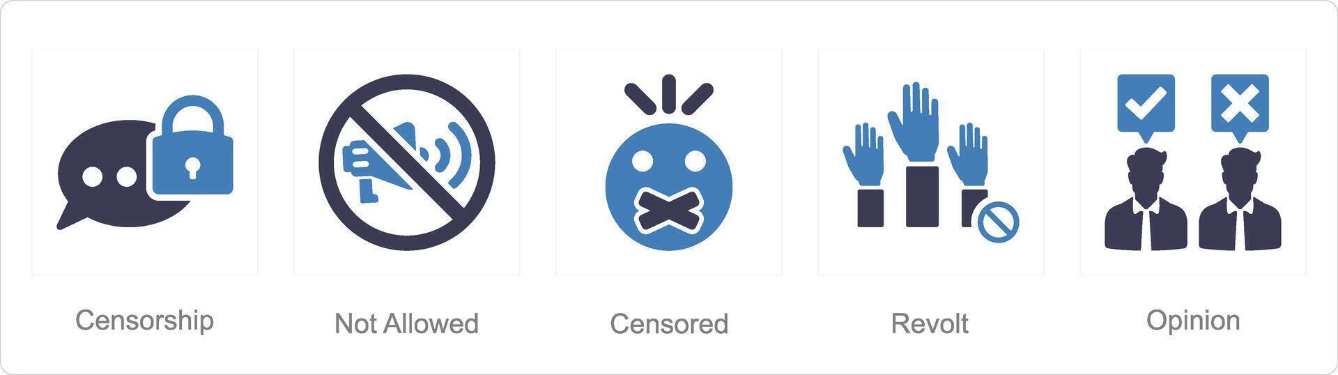 een reeks van 5 vrijheid van toespraak pictogrammen net zo censuur, niet toegestaan, gecensureerd vector