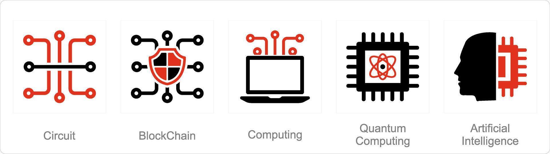 een reeks van 5 mengen pictogrammen net zo circuit, blockchain, berekenen vector