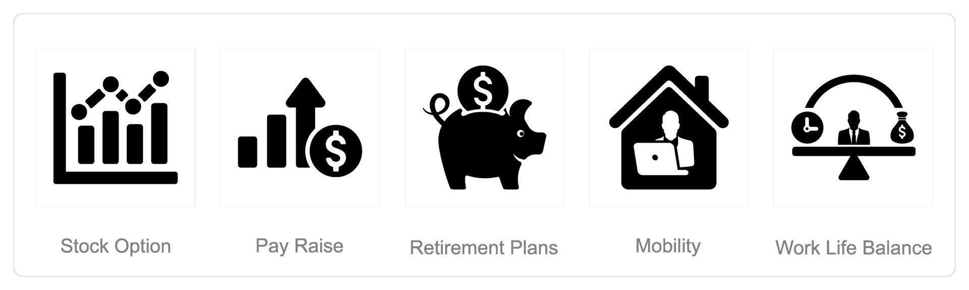 een reeks van 5 werknemer voordelen pictogrammen net zo voorraad keuze, betalen salarisverhoging, pensioen plannen vector