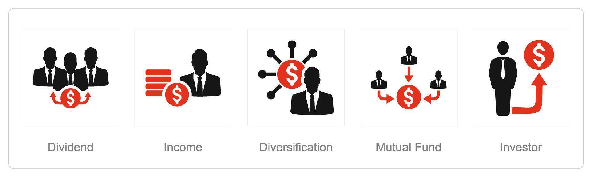 een reeks van 5 investering pictogrammen net zo dividend, inkomen, diversificatie vector