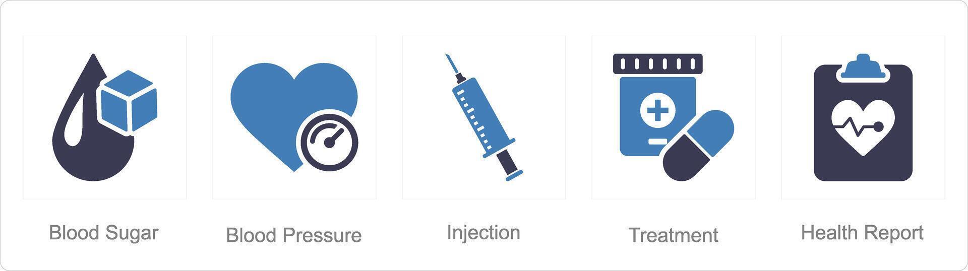 een reeks van 5 Gezondheid controle pictogrammen net zo bloed suiker, bloed druk, injectie vector