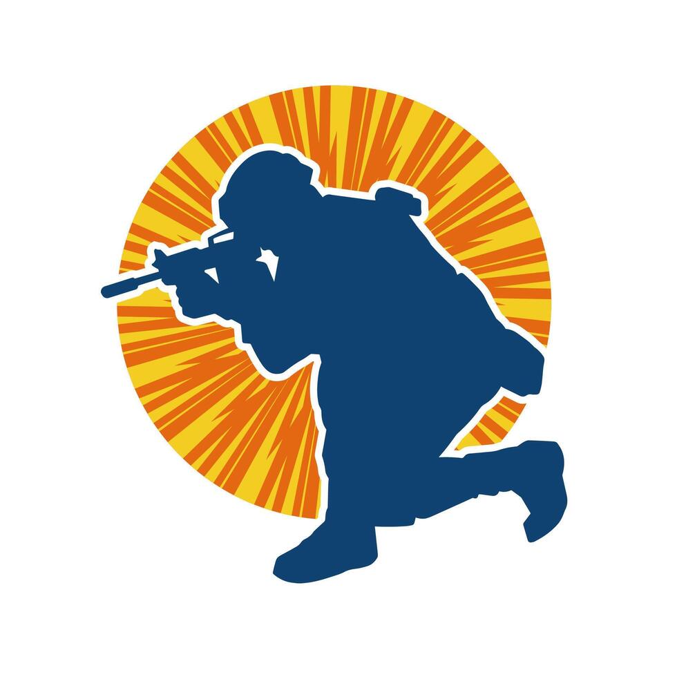 silhouet van een mannetje soldaat draag- machine geweer wapen. silhouet van een scherpschutter schutter in actie. vector