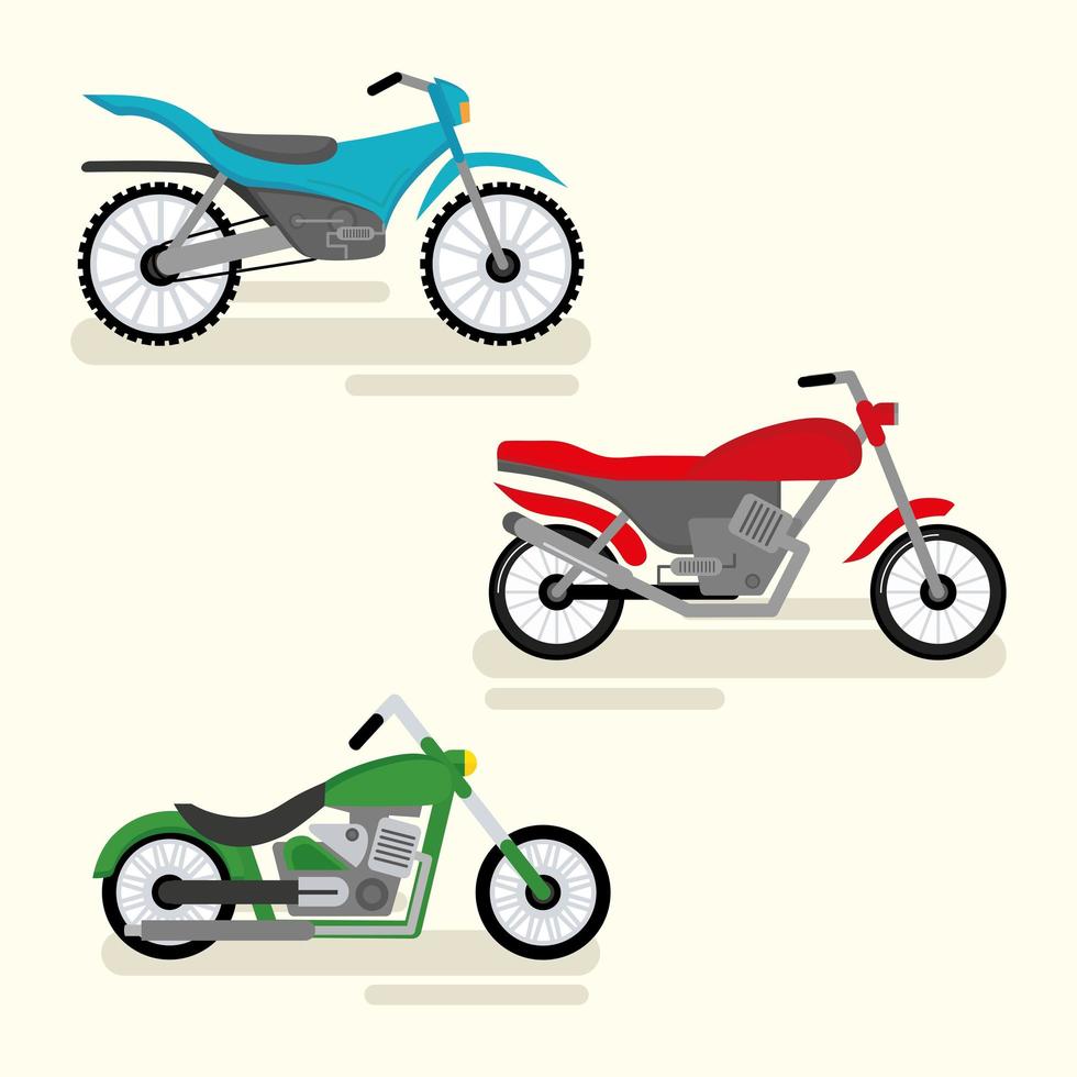 drie motorfietsen voertuigen vector