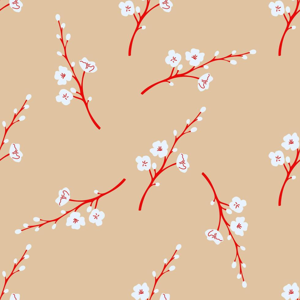 naadloos patroon van rood takken met wit bloesems Aan beige achtergrond vector