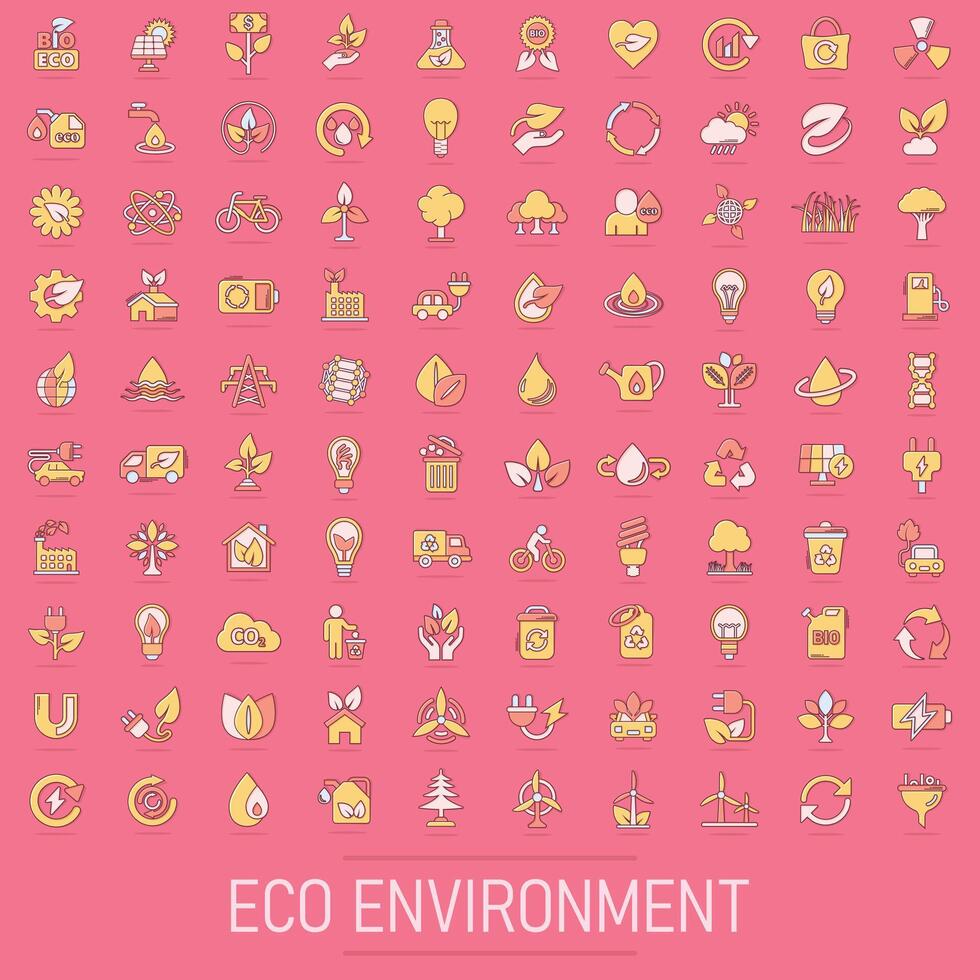 eco milieu pictogrammen reeks in grappig stijl. ecologie tekenfilm vector illustratie Aan geïsoleerd achtergrond. bio embleem plons effect teken bedrijf concept.