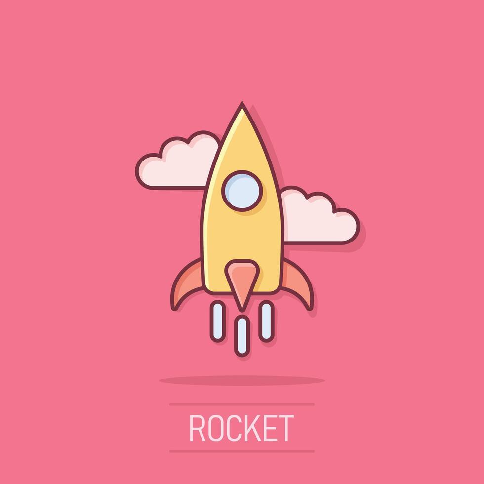 raket icoon in grappig stijl. ruimteschip lancering tekenfilm vector illustratie Aan geïsoleerd achtergrond. spoetnik plons effect bedrijf concept.