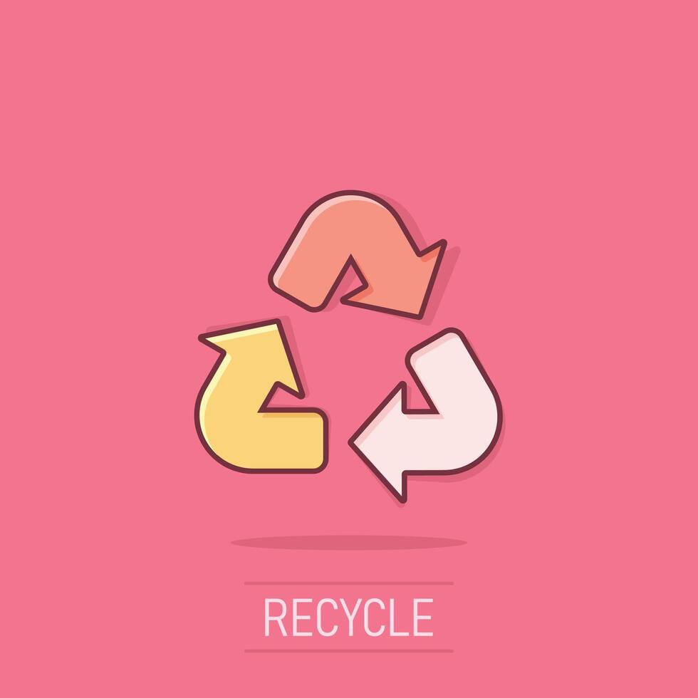 recycle icoon in grappig stijl. hergebruik tekenfilm vector illustratie Aan geïsoleerd achtergrond. recycling plons effect teken bedrijf concept.