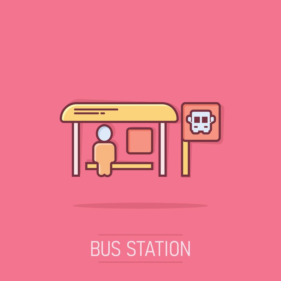 bus station icoon in grappig stijl. auto hou op tekenfilm vector illustratie Aan geïsoleerd achtergrond. autobus voertuig plons effect bedrijf concept.