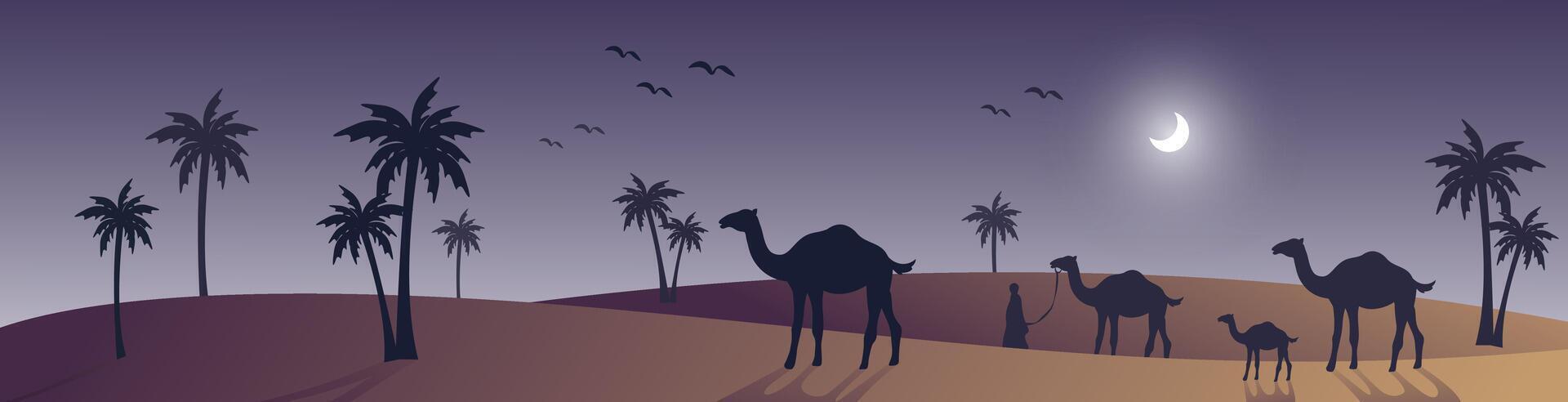 arabesk web horizontaal banier, silhouet kameel en palm boom, mooi maanlicht, nacht visie in woestijn Oppervlakte, Islamitisch achtergrond sjabloon vector