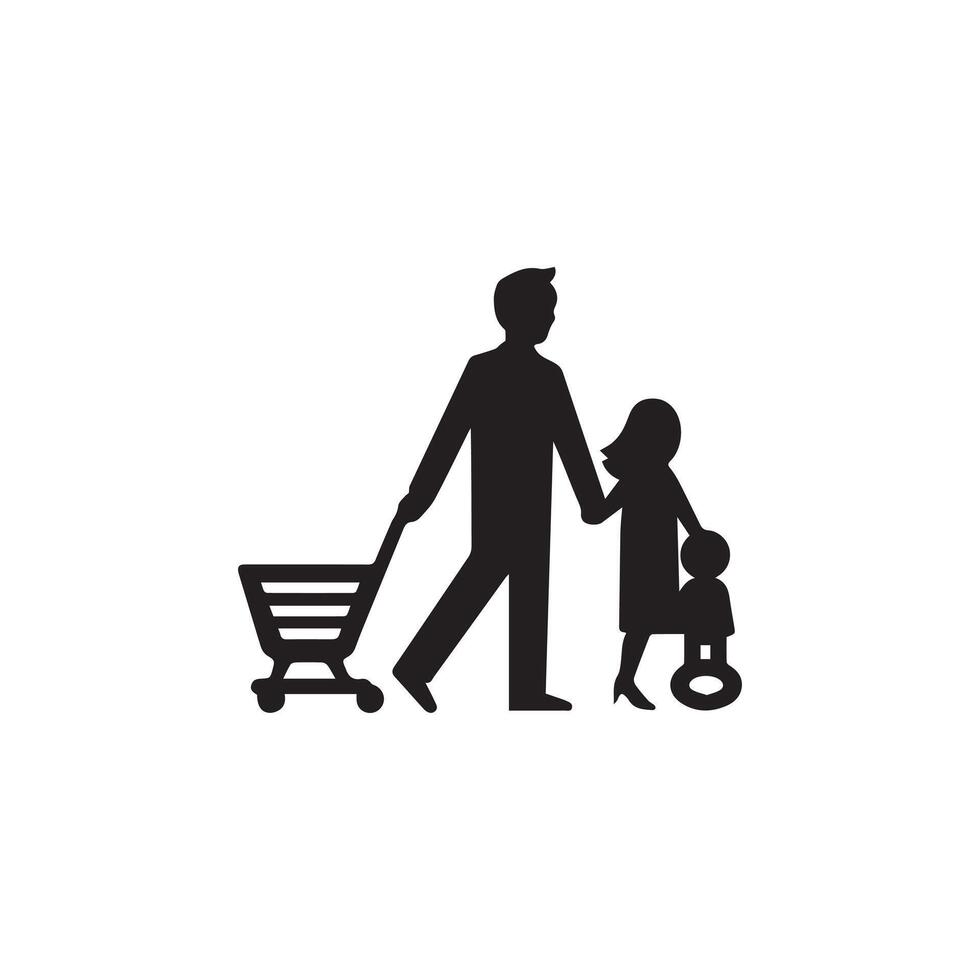 familie met winkelen. boodschappen doen kaart icoon. zwart Aan wit achtergrond. vector illustratie