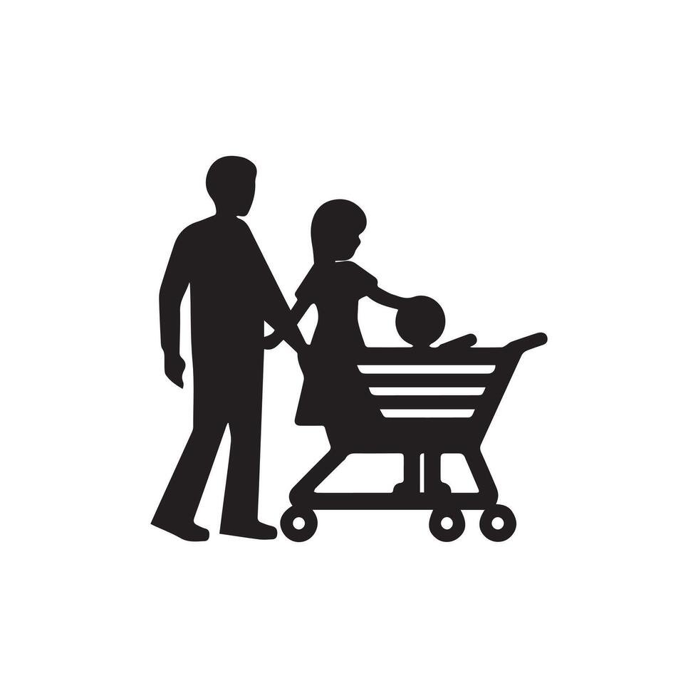 familie met winkelen. boodschappen doen kaart icoon. zwart Aan wit achtergrond. vector illustratie