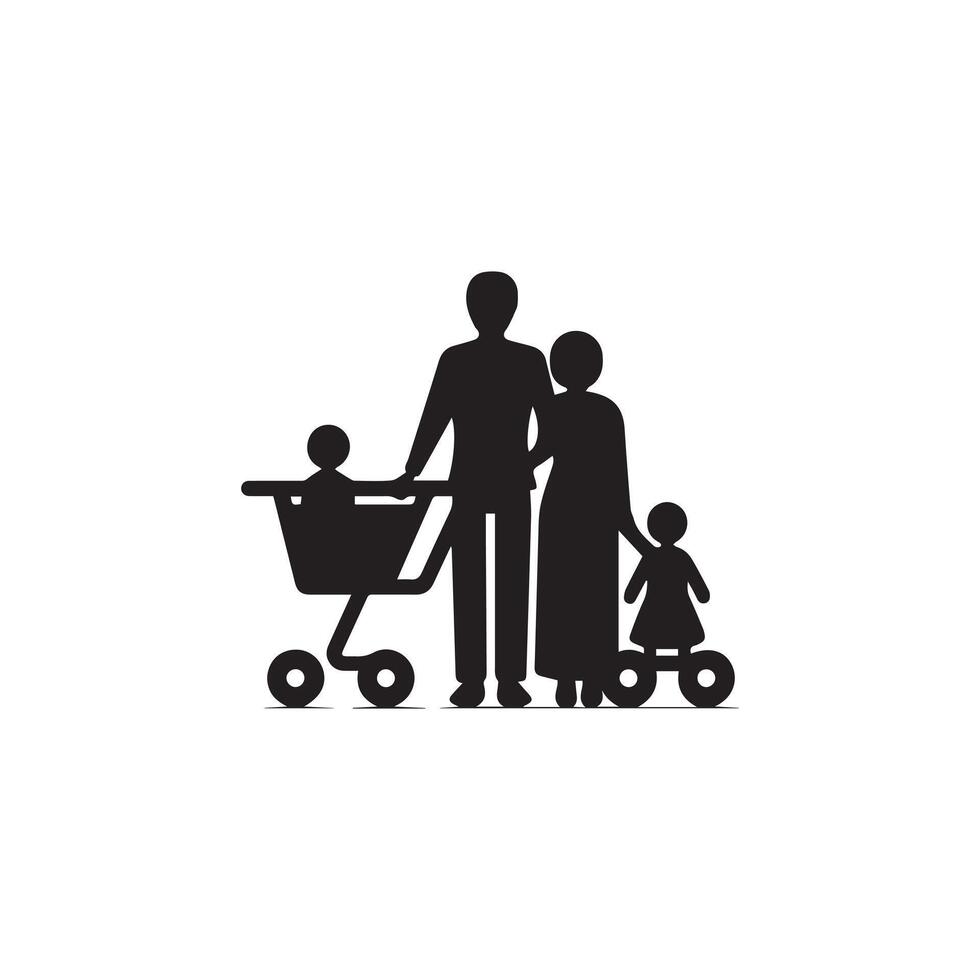 familie met winkelen. boodschappen doen kaart icoon. zwart Aan wit achtergrond. vector illustratie