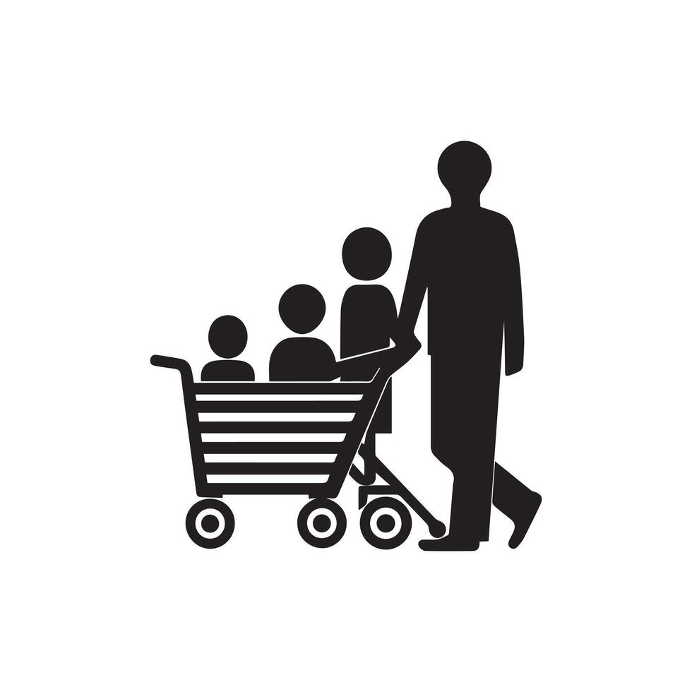 familie met winkelen. boodschappen doen kaart icoon. zwart Aan wit achtergrond. vector illustratie